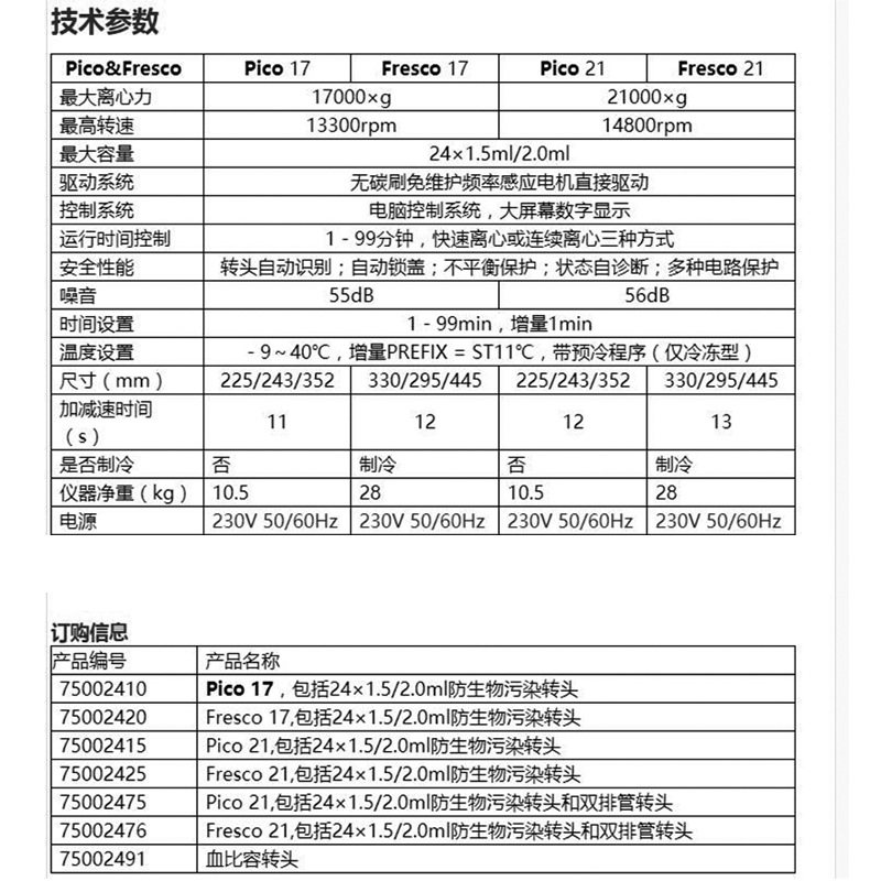 赛默飞 Fresco 21 高速冷冻离心机（货号 75002425）是一款高性能、精密设计的实验室设备，专为微量样本的高速分离需求设计。这款离心机以其强大的离心力、精准的温控系统和灵活的应用场景，成为生物学、医学、蛋白质组学以及临床诊断领域的可靠工具，其参考价格为 28,000 元，是兼顾效率和经济性的理想选择。
<BR>
<BR>